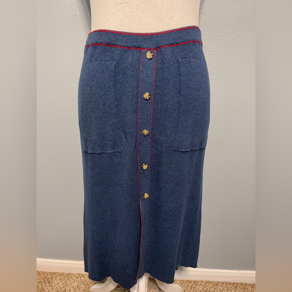 ModCloth Knit Skirt Blue Red Trim Pockets Pull On Academia Preppy Office XL NWT - Picture 4 of 11